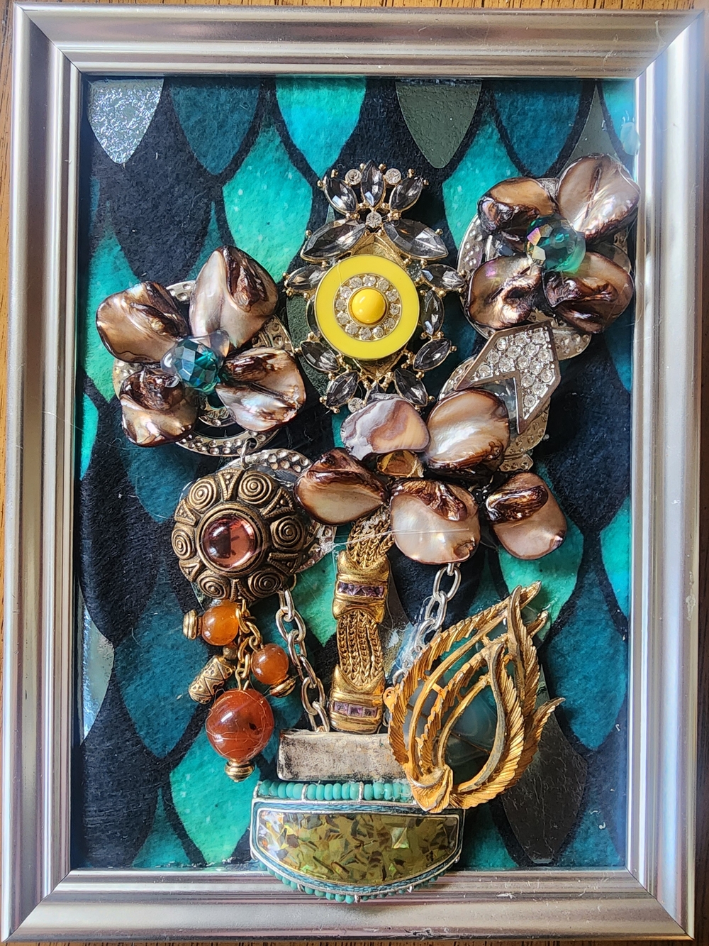 OOAK Framed Vintage Jewelry Art - Floral Bouquet on Mermaid Scales Handmade